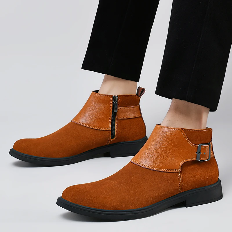 Genuine Leather Cowhide Retro Wedding Men Chelsea Boots Winter Dress Double Buckle Men Casual Ankle Suede Leather Boots Footwear