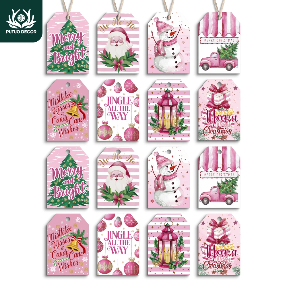 

Putuo Decor-Pink Tone Wooden Christmas Tree Hanging Sign, Wall Art Decor for Home, Farmhouse, Living Room, Gifts, 16Pcs