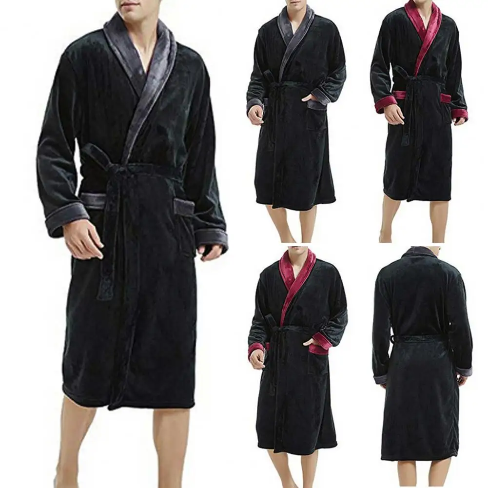 

Men Winter Nightgown Thick Plush Coral Fleece Bathrobe Water Absorption Long Sleeve Tie Waist Pockets Homewear Sleepwear Robe