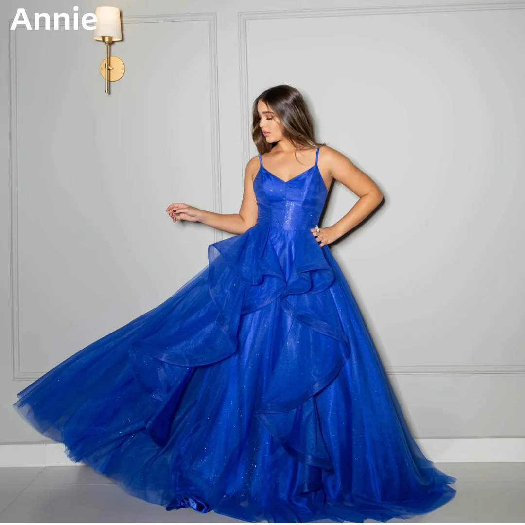 Annie Sweetheart Blue Wedding Dress Spaghetti Strap Fluffy Glitter Tulle Prom Dresses Princess Formal Occasion Robe De Soirée