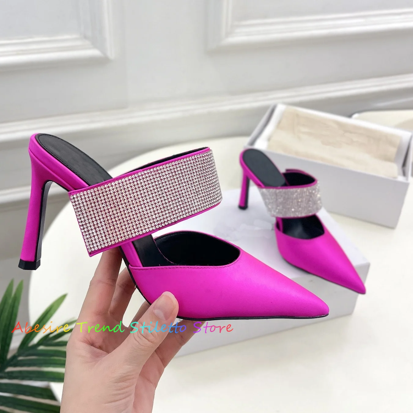 New Fashion Stain Pointed Toe Stiletto Mules Women Crystal High Heel Leather Pumps Laides Party Dress Shoes Solid Color