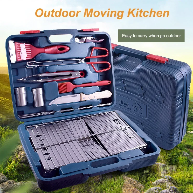 

Outdoor BBQ Folding Grill Sets Camping Cooking Tools Set Stainless Steel Foldable Barbecue Grill with BBQ Tools Accessories Sets