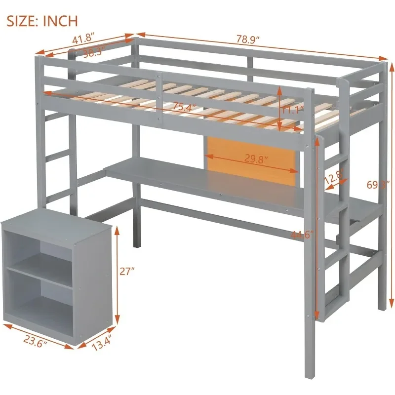 Grey Twin Loft Bed with Desk and Writing Board Cabinet Included Wood Loft Bed Frame with Dual Ladders and Guardrails