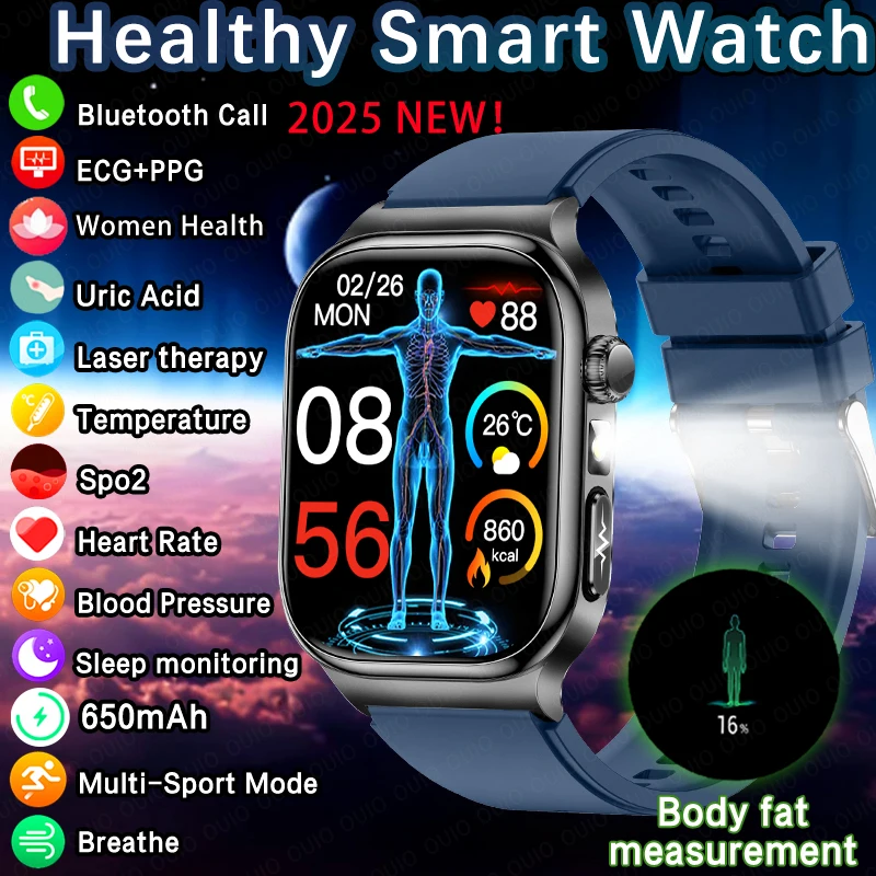 

Новинка 2025 года, умные часы для осмотра с пятью органами, здравоохранение, мужские ЭКГ + PPG, мочевая кислота, кровяное жир, Bluetooth-вызов, спортивный трекер, умные часы