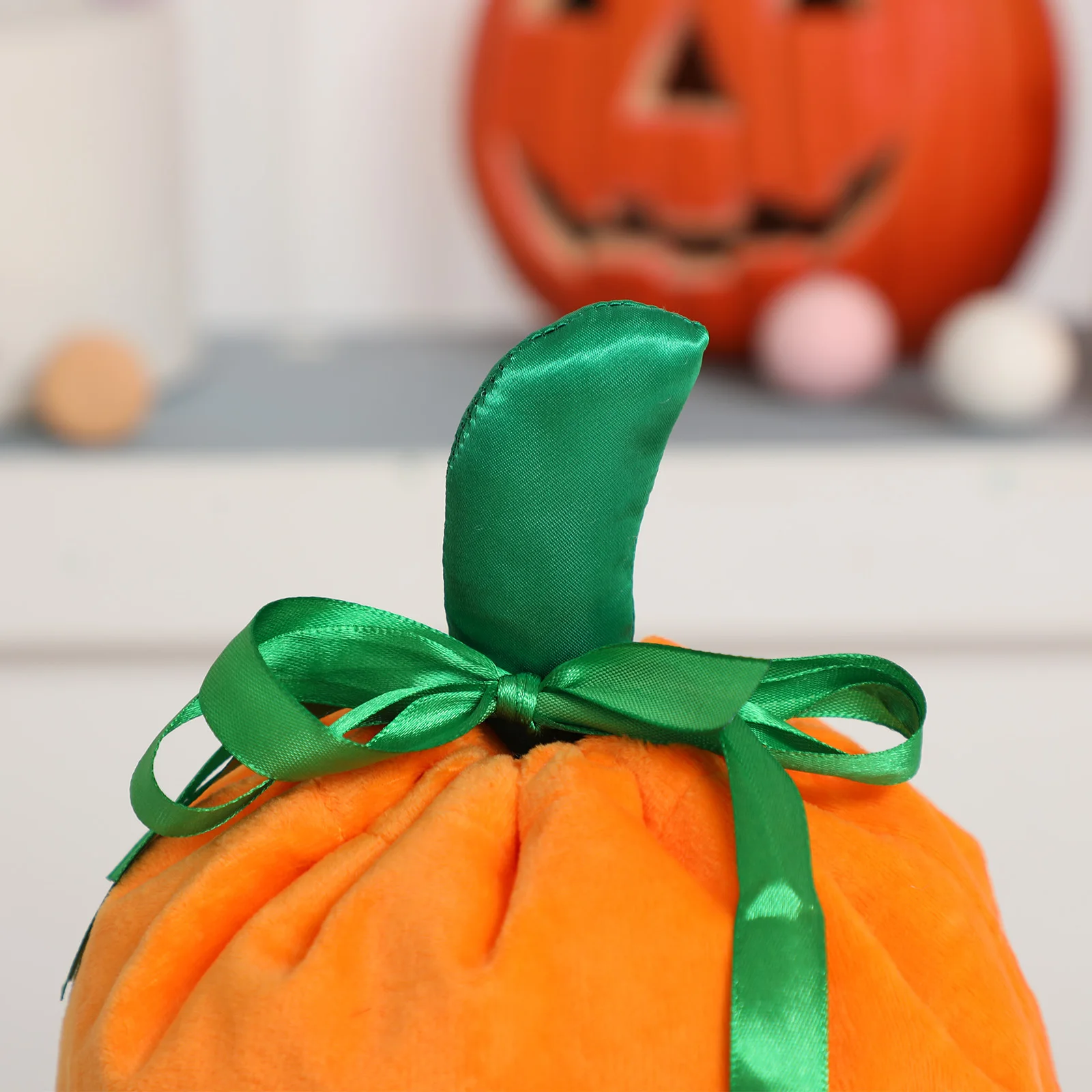 Halloween Pumpkin Gift Bag For Kids Orange Candy Bag lining Drawstring Green Ribbon Treat Or Trick Bag