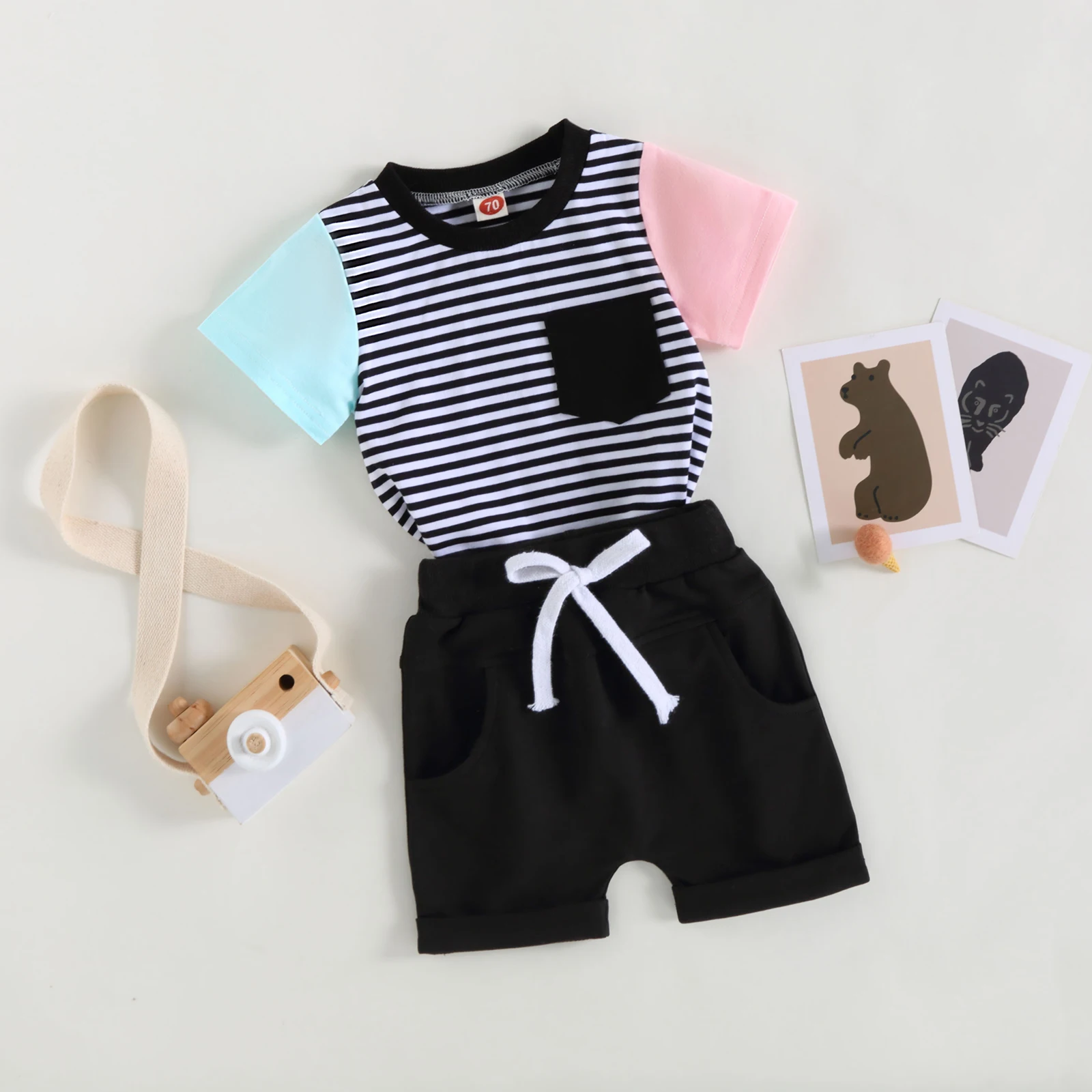 0-3 Years Baby Boys Shorts Set Short Sleeve Striped T-shirt with Elastic Waist Shorts Summer Outfit