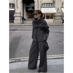 zark Warm Coat 2024 Autumn Lady Overcoat Women Fashion Scarf Decorated Woolen Jacket Solid Long Sleeve Loose Warm Overcoat