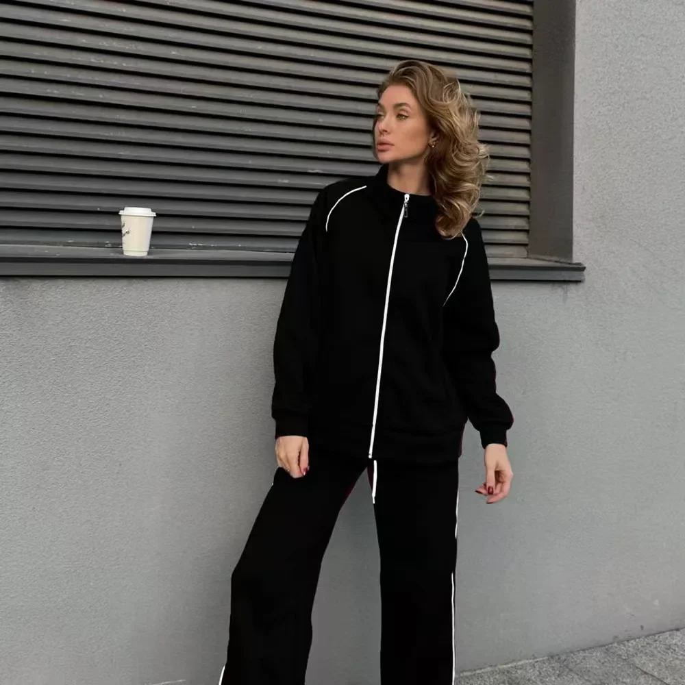 European and American new double-ended zipper contrasting sports suit Spice Girl street fashion side split straight pants suit