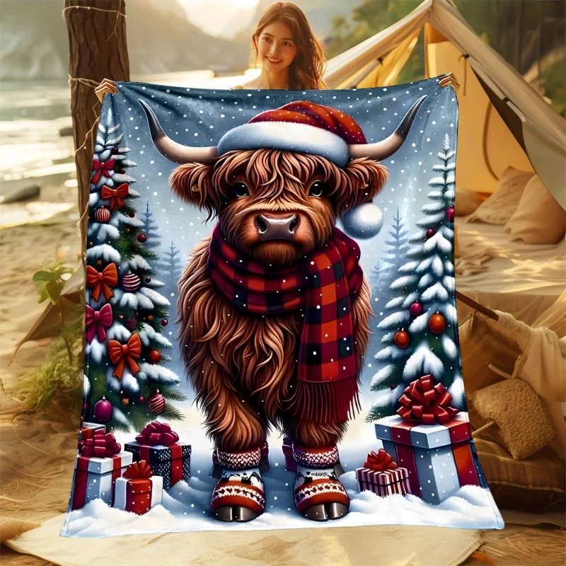 [Cozy Highland Cow Blanket] Cozy & Reversible Highland Cow Christmas Throw Blanket | Soft Flannel Perfect for Bed Sofa Camping