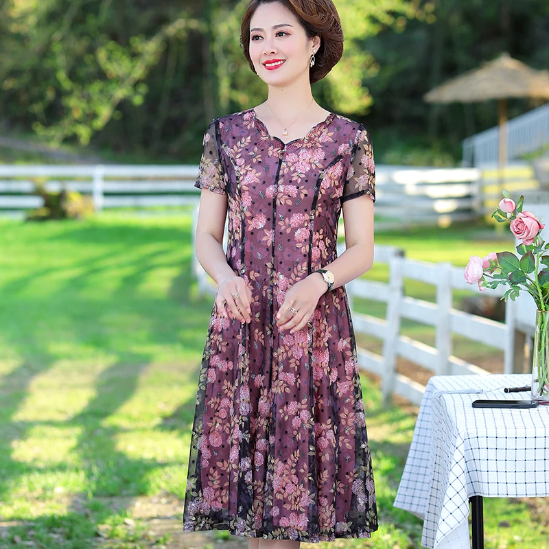 

Women Summer Dress New V-Neck Short Sleeve Print Slim Fit Mesh Lace Dresses Middle Age Female Floral Vestidos