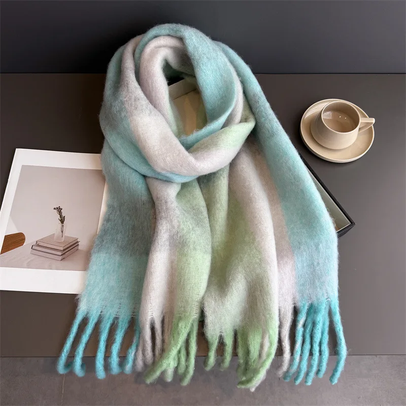 Warmer Dicker Winterschal für Damen, Mohair, Kariert, Weicher Quastenschal, Pashmina, Großer Halsdecken-Schal – Detail 21