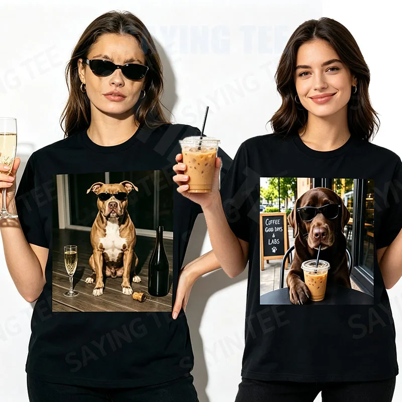 Vintage Pitbull Drink Champagne Sunglasses Dog Lover T-Shirt Y2k Chocolate Lab Coffee Funny Golden Retriever, Shepherd Cafe Tee