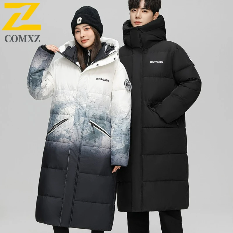 

COMXZ Premium Unisex Puffer Jacket Gradient Outdoor Travel Warm Parka High Quality Hooded Walking Lightweight Long Down Jacket