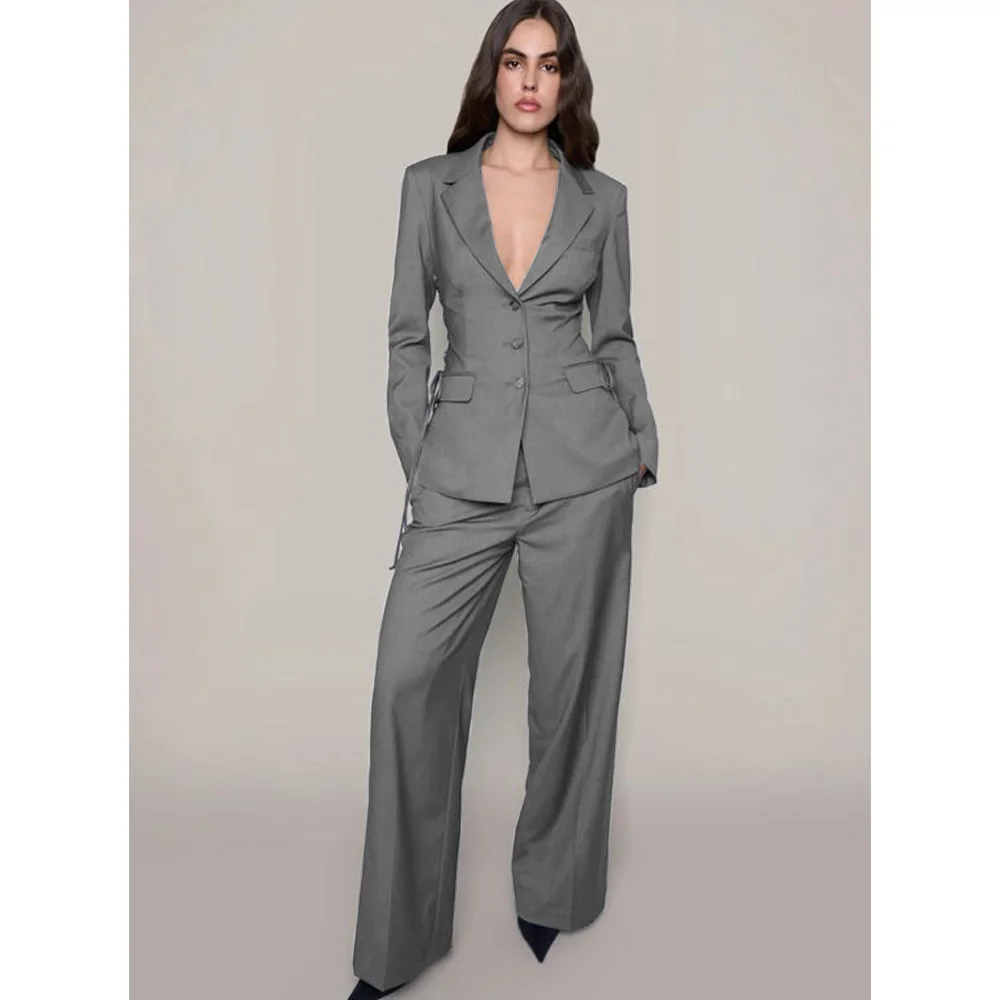 Women\'s Suit Two-piece Slim Single-breasted Navy Blue Casual Fashion Suit Christmas Work Wear Women\'s Suits Set 2 Elegant Pieces