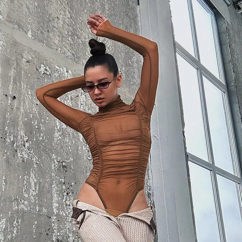 

Ele American Long Sve Onesie Women's Me See-tough Slim High Waist Pleated Brief Top Polyester Fiber ort Pants