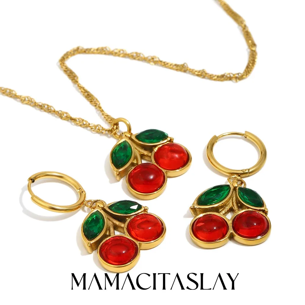 MamacitaSlay 316L Edelstahl Kirsche Anhänger Halskette Ohrringe 18K vergoldet Wasserdichtes Schmuckset Niedlicher Damenschmuck