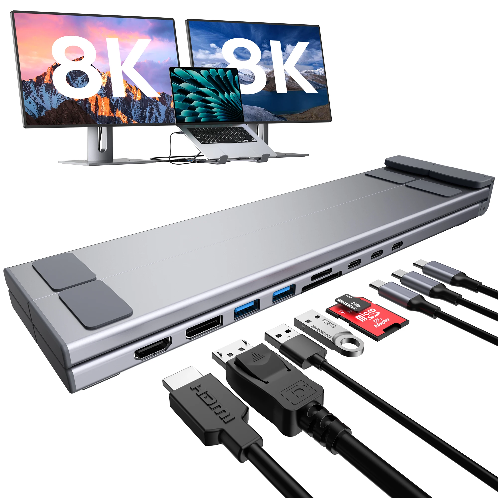 M93 Laptop Docking Station Dual Monitor Stand, 9 in 1 USB C Hub HDMI, DisplayPort 4K@60Hz, Portable Laptop Stand with USB Ports,