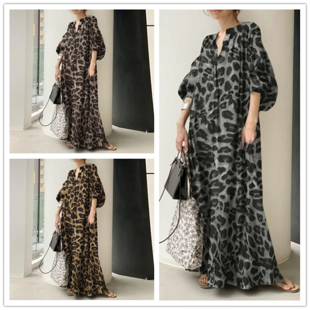 Fashion Women Chiffon Dress Stand Collar Printed Pockets Muslim Abaya Vestidos Loose Long Sleeves Simple Casual Cardigan Dresses