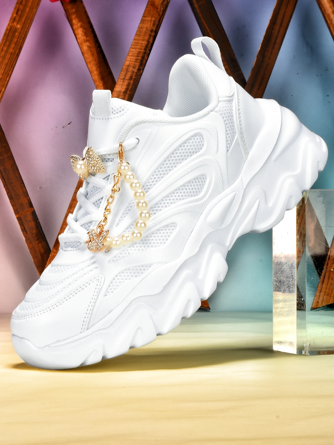 Women's Thick-Soled 5cm Height-Increasing Dad Shoes, Y2K Sweet-Cool Style, Detachable Gold Bow, Pearl Chain Decoration, Breathable Mesh, Eva Irregular Sole, White Casual Sneakers, Unique Design, Everyday Commuter Shoes, Student Sweet Girl Versatile Soft-Soled Comfortable Trendy Women's Shoes