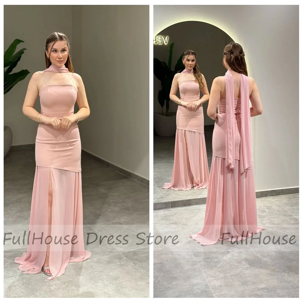 

Custom Made Classic Boat Collar Side Slit Backless Floor Length Eveing Gown Sheath Sexy Saudi Arab Dress with Shawl for Women