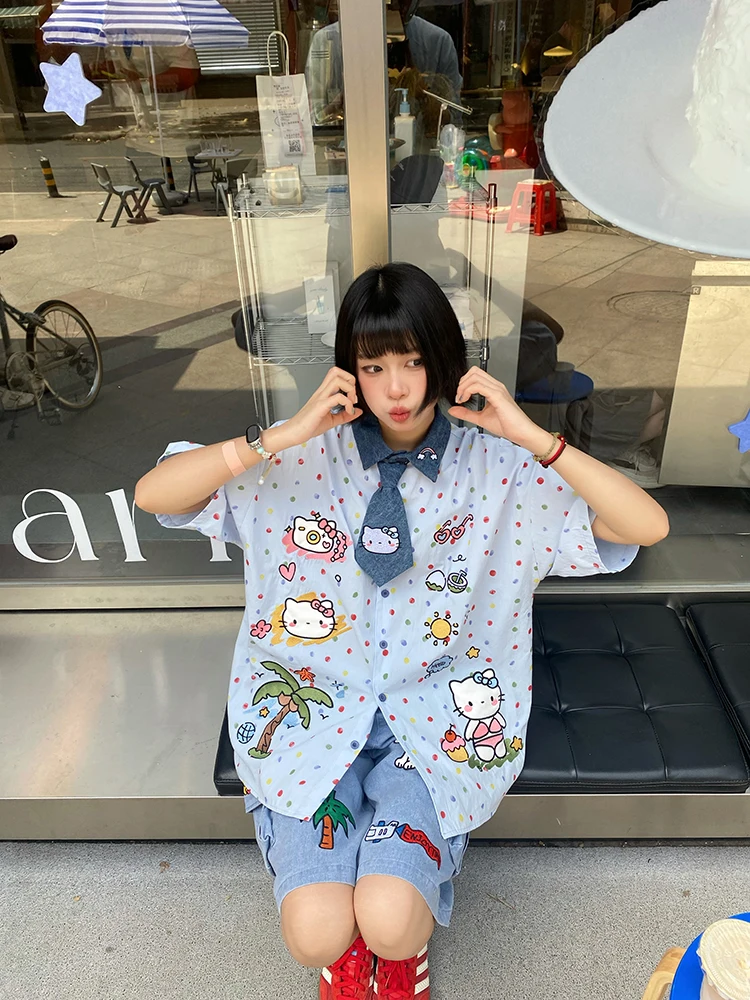 

Женская летняя джинсовая рубашка BIBULU Cute KT с вышивкой, в горошек и клетку, с коротким рукавом, модная, уличный стиль, свободный крой, стандартный размер