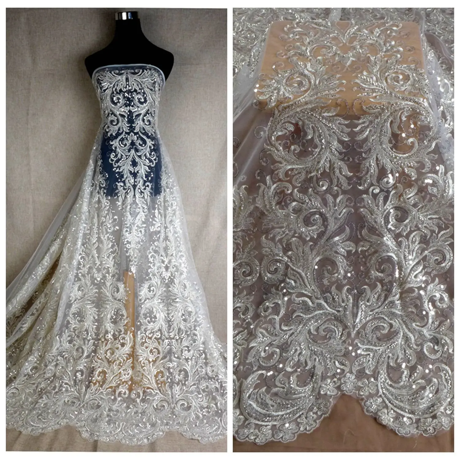 

High-end fashion bridal gown Lace Lace, DIY high pattern lace fabric, silver beaded wedding gown lace fabric 51 "width 1 yard