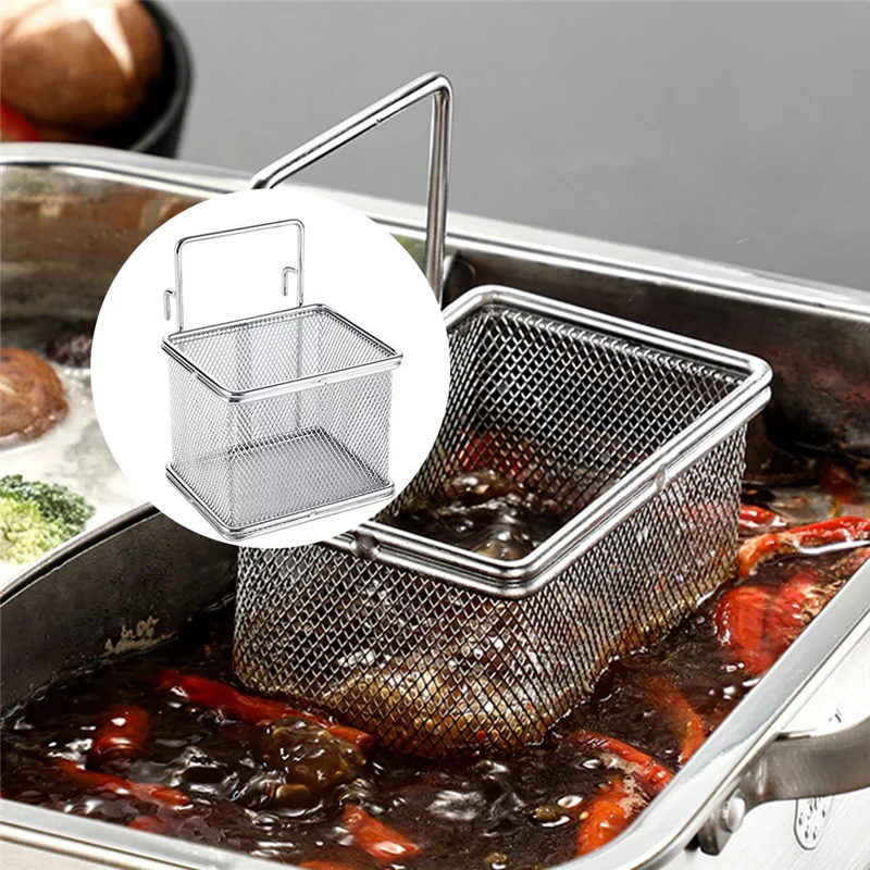 A48I Stainless Steel Hot Pot Colander with Hook Noodle Drainer Filter Mesh Sieve Strainer Spoon for French Fries Pasta