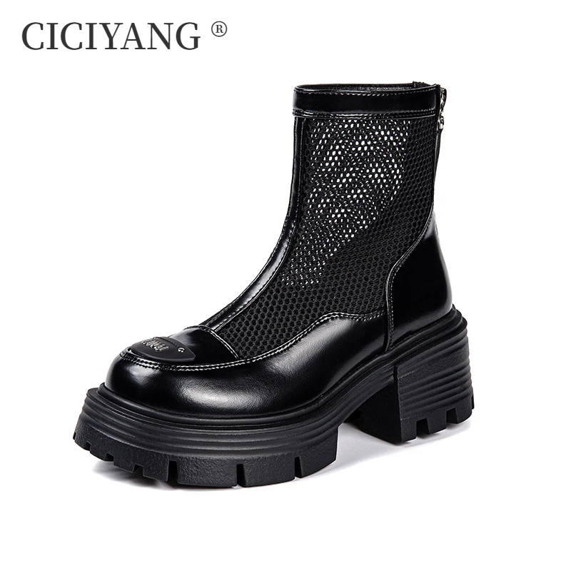 

CICIYANG Cutout Marton Boots Women Summer 2024 Platform Breathable Mesh Booties Ladies Genuine Leather High Heels Tennis Boots