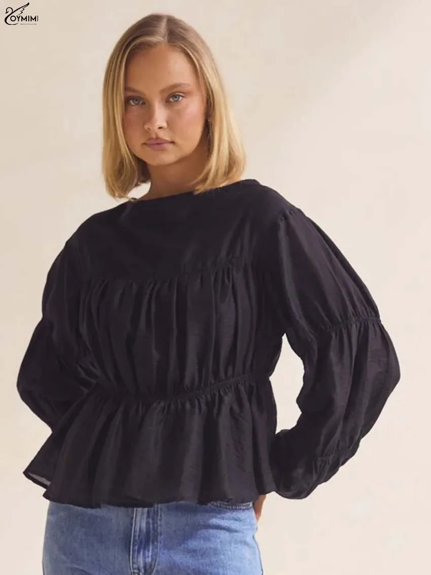 Oymimi Fashion White O-Neck Women's Blouse Elegant Long Sleeve Pleated Loose Blouses Autumn New Solid Female Blouse Streetwear