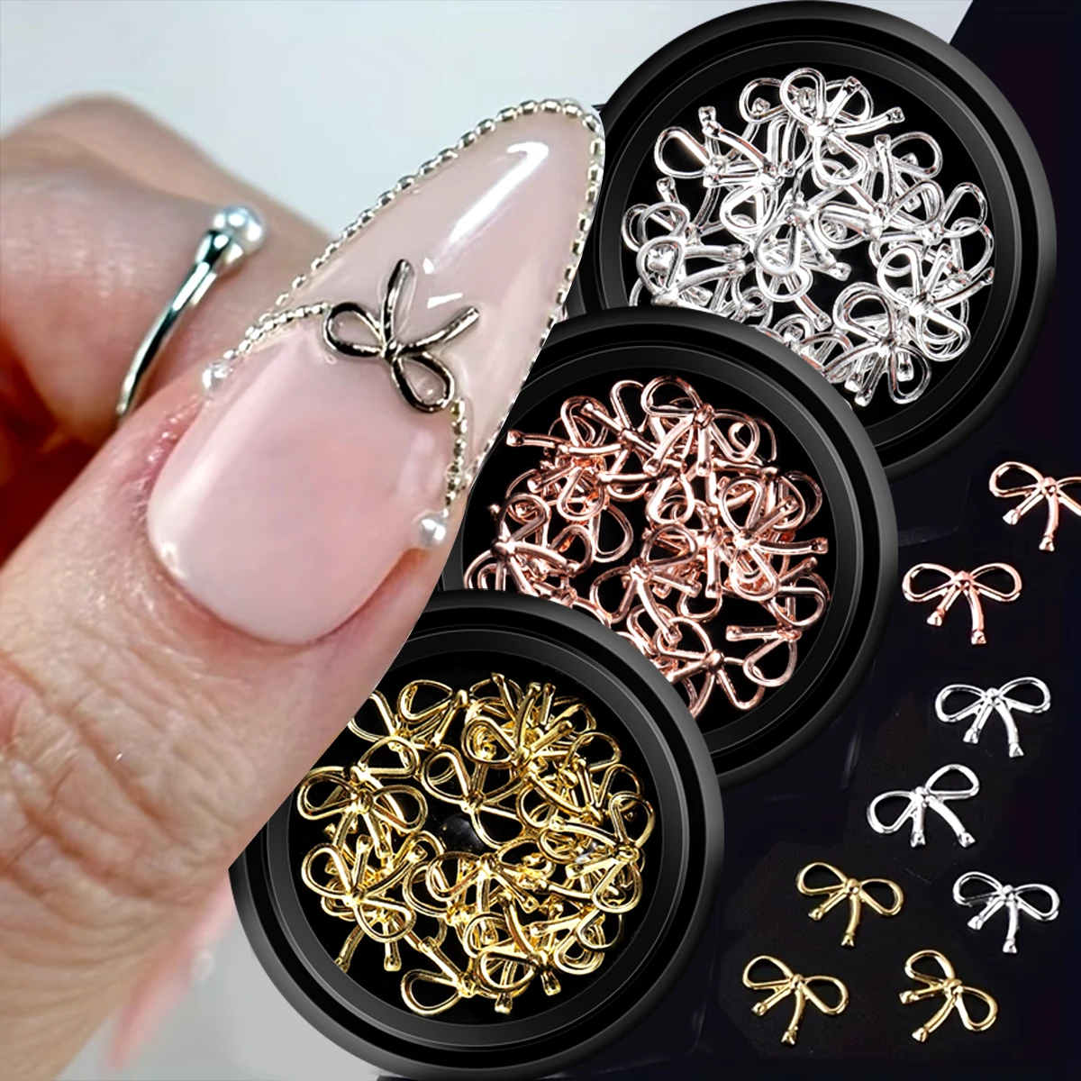 Bow Metal Rivets, Simple Beautiful Hollow Golden Silvery Bow Design Nail Art Y2K Metal Star Nail Art 3D Elegant DIY Nail Decor