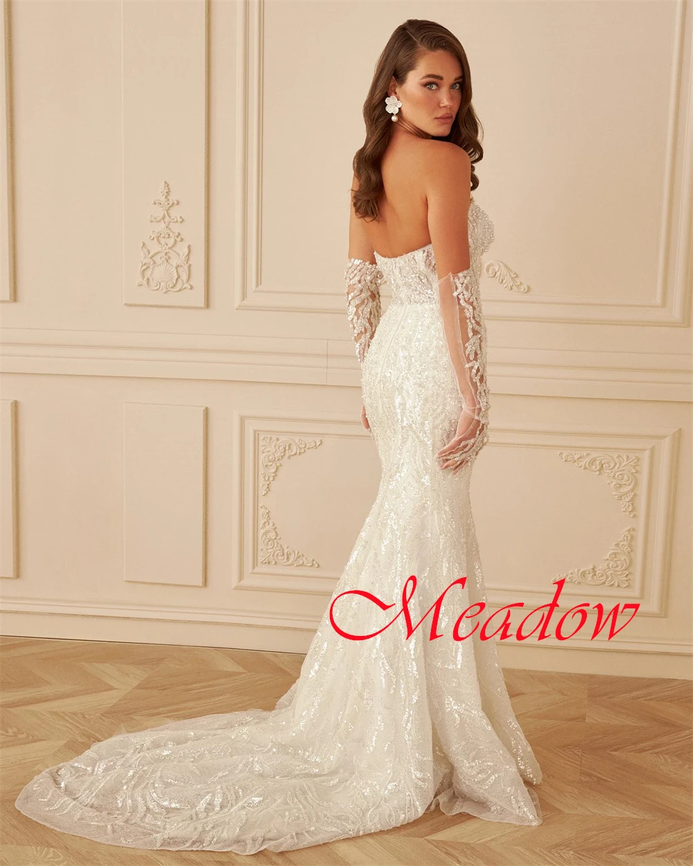 Изысканное свадебное платье из органзы по индивидуальному заказу, элегантное свадебное платье без бретелек со съемными рукавами и длинными рукавами, со шлейфом и открытой спиной