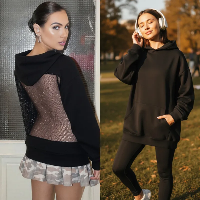 Trendy Damen Patchwork Hoodie Sheer Mesh Langarm Loose Fit Sweatshirt Mode Streetwear Herbst Outfit Casual Hip Hop Top