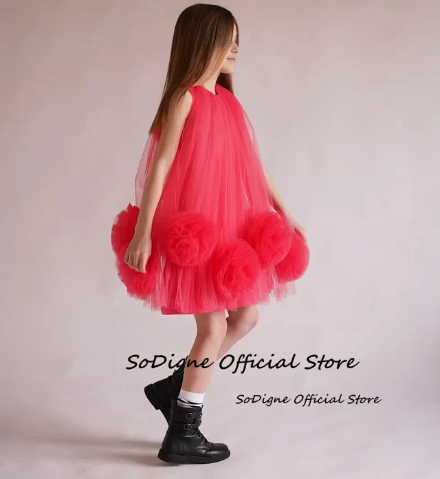 SoDigne 3D Flower A-line Tulle Flower Girl Dress O-neck Sleeveless Skirt Girls Party Dresses 2025 Kid Gown Customized image 2