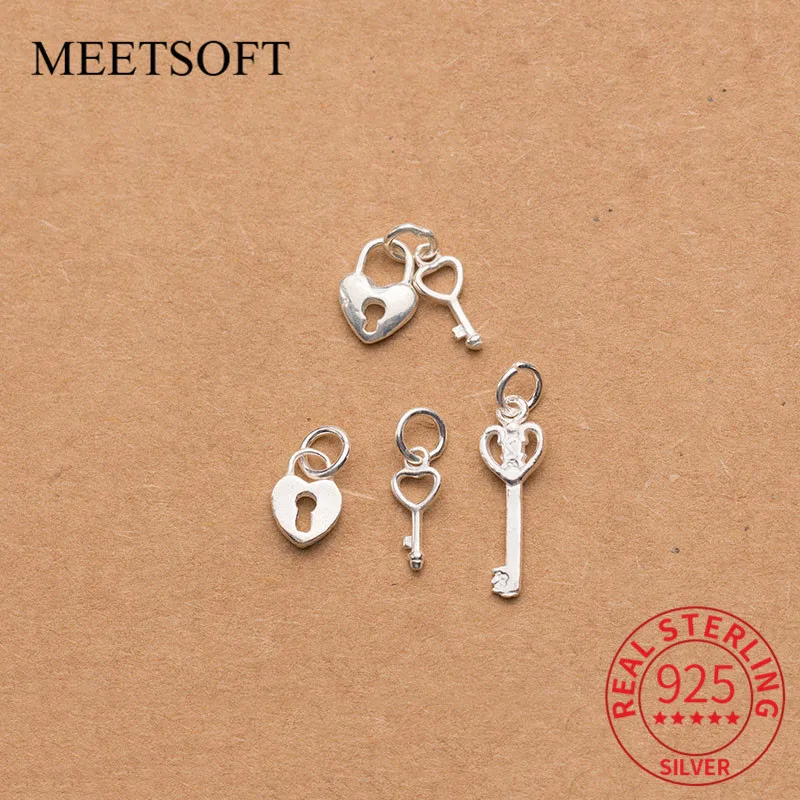 MEETSOFT 100% Sterling Silver Hollow Heart Lock And Heart Key Charms DIY Necklace Making Findings Handmade  Jewelry Accessories