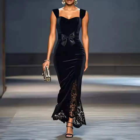 Women Velvet Maxi Dress Spring Summer Sleeveless Lace Patchwork Bow Waist Bodycon Evening Party Cocktail Runway Elegant Dress