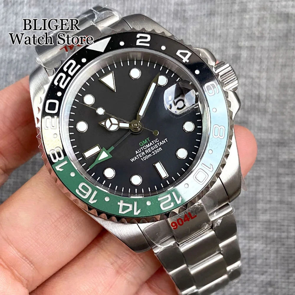 

BLIGER Dual Time NH34A GMT Watch for Men Green Blue Steel Automatic Wristwatch Jubilee Glide Lock Relogio Masculino