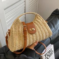 Słomka rattanowa torba na ramię kobiety Boho ręcznie tkany kosz torba kurierska lato plaża luksusowy design Top-uchwyt torebki dla pani