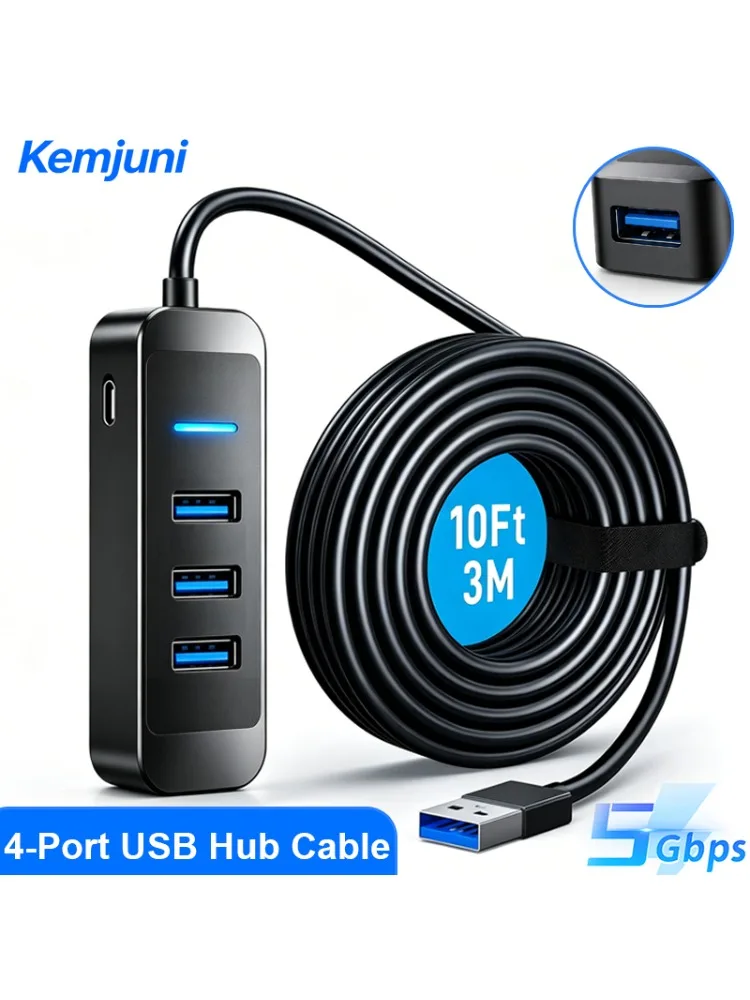 Hub USB 3.0 z 4 portami, przedłużacz USB do transmisji danych 5 GBPS, długi kabel 3 m (10 stóp) do komputerów stacjonarnych, laptopów, Mac, Windows — zdjęcie produktu 6