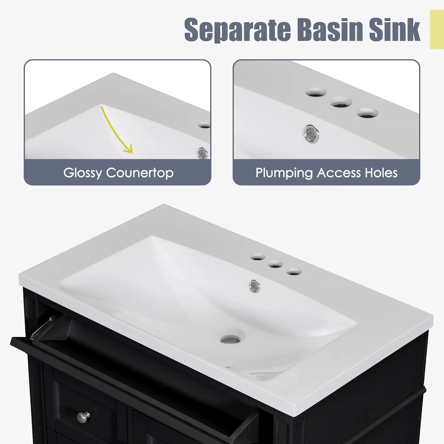 Mobile da bagno da 30" con lavabo singolo combinato, mobiletto da bagno moderno sottopiano con 2 cassetti e cassetto ribaltabile