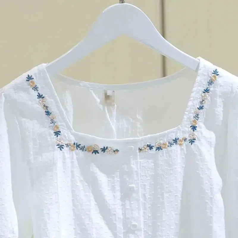 Embroidery Shirts and Blouses Korea Summer Top 2024 Elegant Youth Woman Blouses Button Square Collar Short Sleeve Clolthes New