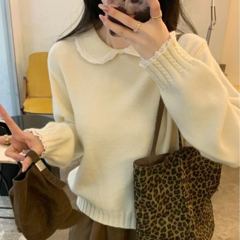 

Новый вязаный свитер в корейском стиле с воротником «сладкая кукла» для женщин, весенне-осенний, свободный, повседневный, модный, из хлопка