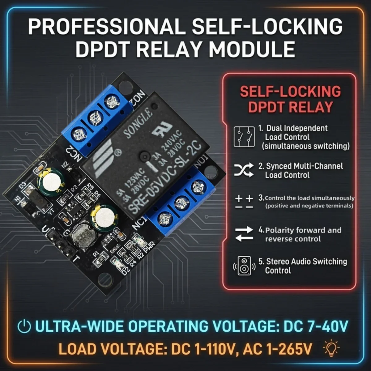 7-40V Wide Voltage Low Pulse Trigger Double-Throw Switch DR26F01 2 Channel DPDT Relay Board Bistable Self-locking Module