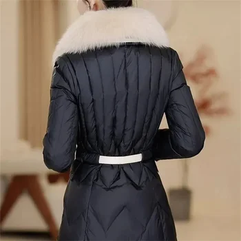 2024 Winter Frauen Neue Verdickte Taille Nachahmung Unten Jacke Nachahmung Großen Fuchs Pelz Kragen Medium Lange Gürtel Flip Kragen High-end
