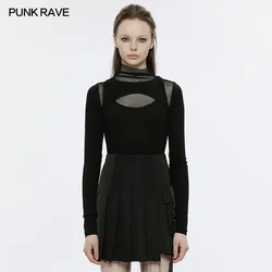 PUNK RAVE Women's Punk Daily Hollow Fake Two-piece Long Sleeve T-shirt Gothic Design Sense Black Cool Sexy Tops Women Clothes