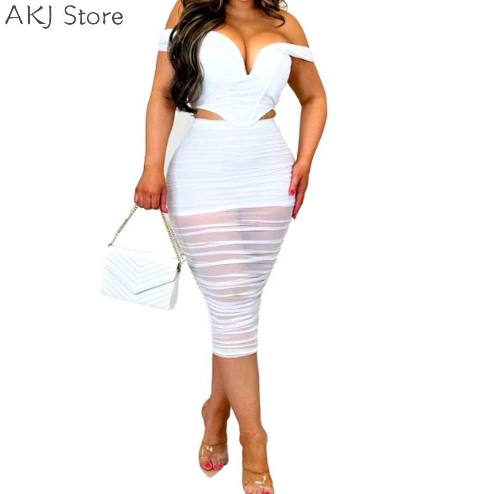 

Women's Mesh Crop Top And Mesh Skirt Female Club Party Two Piece Set