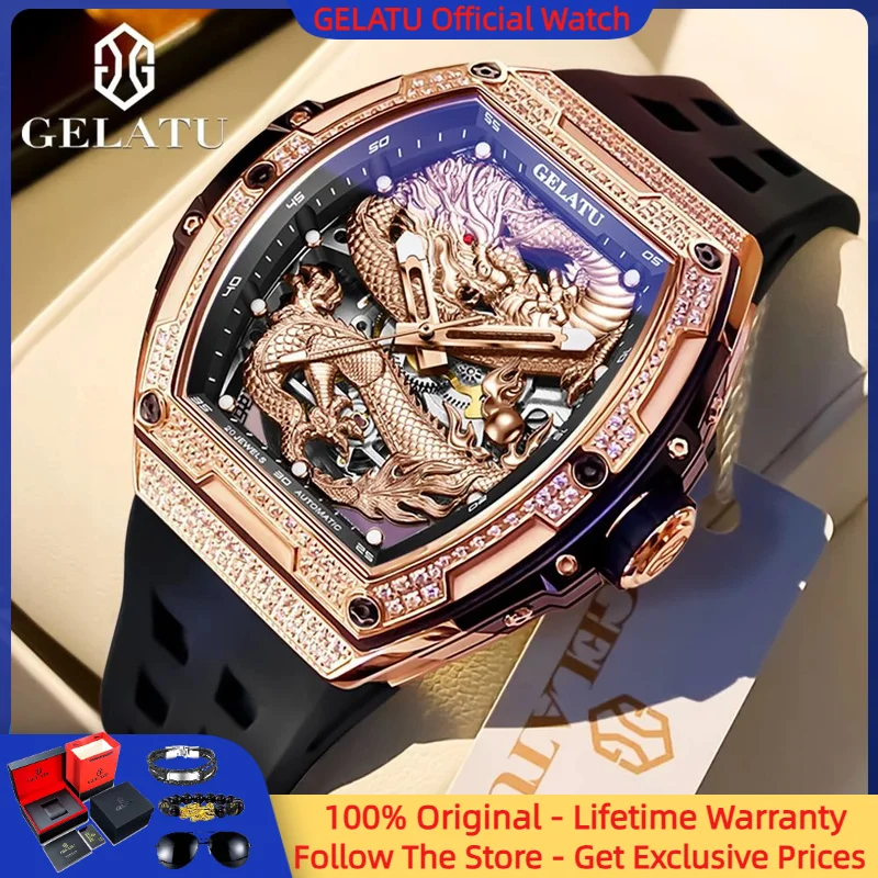 

GELATU 6021 Men Golden Dragon Hollow Watch Brand Luxury All Automatic Mechanical Watch HD Waterproof Silicone Men Diamond Watch
