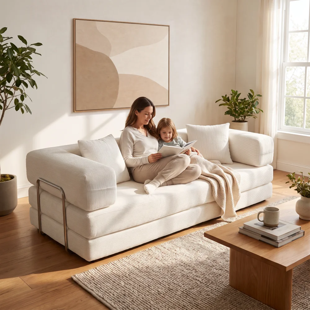 Double Sofa, Sofa Bed, Multifunctional Compression Sofa, Wide Body Pure Sponge Sofa, Fine Striped Corduroy Fabric Couch
