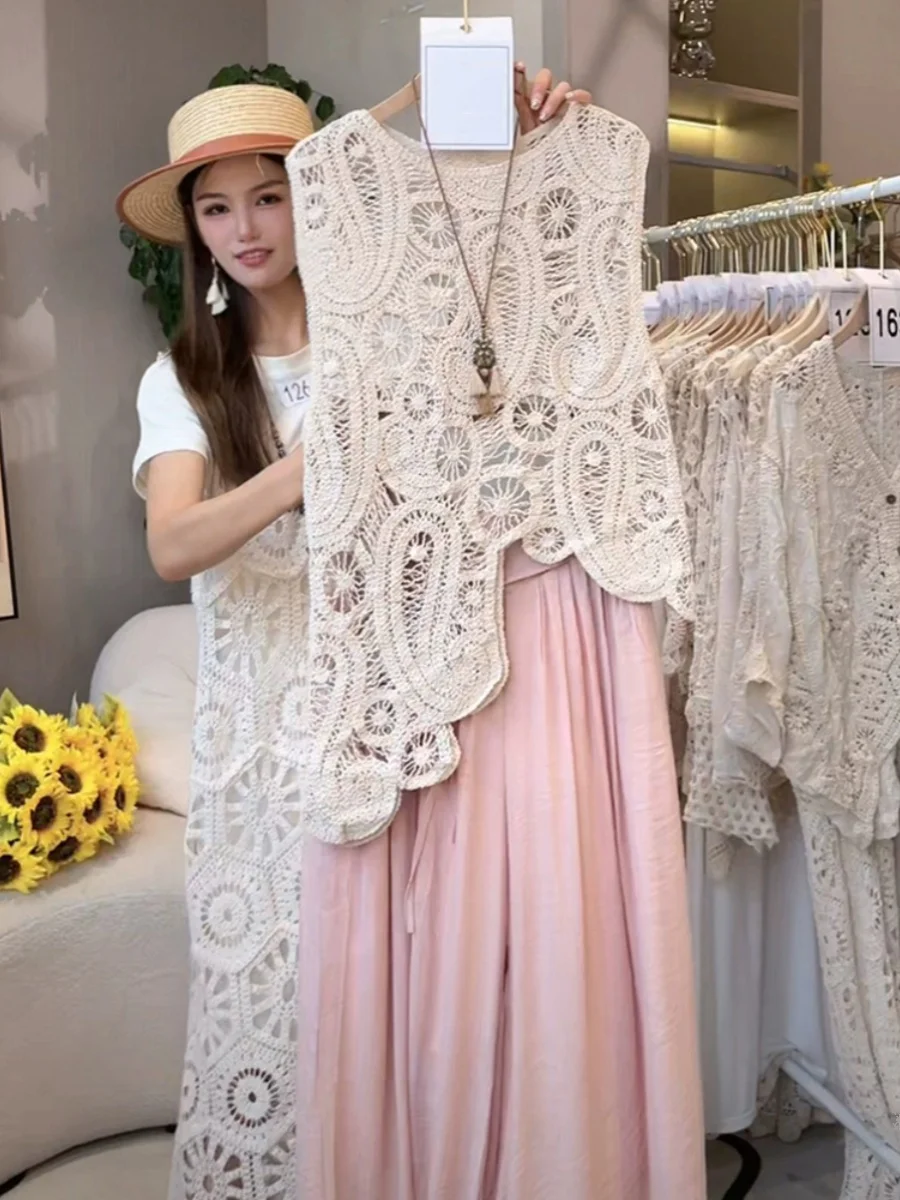 เสื้อกั๊กถักลายฉลุแบบไม่สม่ำเสมอ สไตล์ใหม่สำหรับฤดูร้อน เสื้อคลุมบางเบา สีต่างๆ