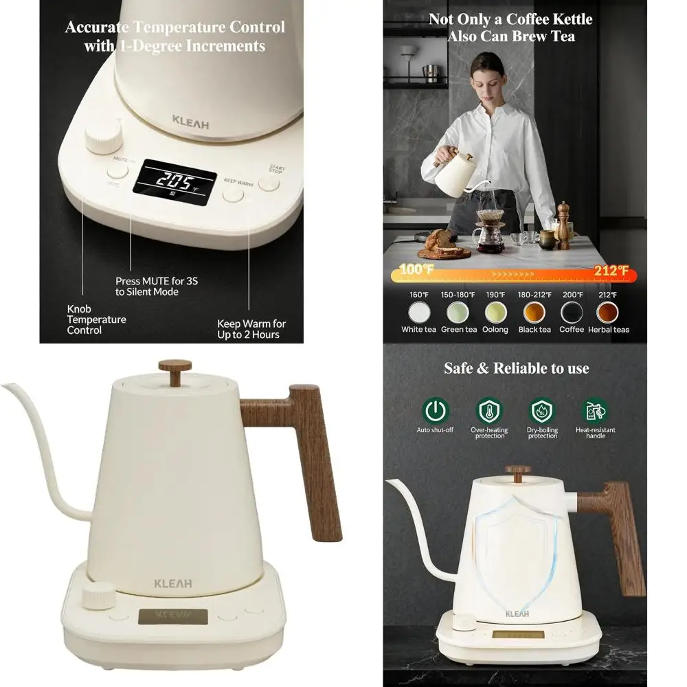 

0.8L Gooseneck Temp-Controlled Electric Kettle, Automatic Shut-Off, 1200W Heating, Bone White