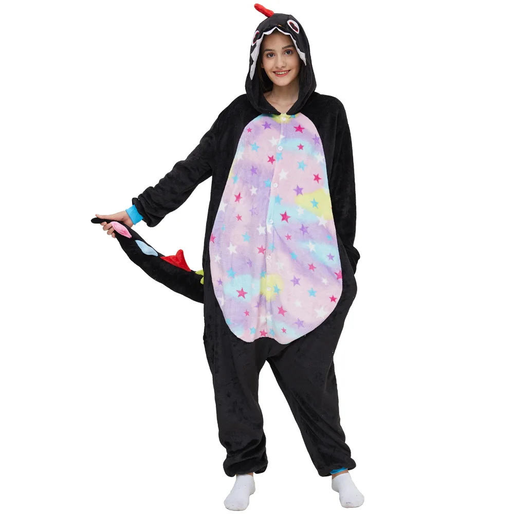 Onesies kostum Cosplay Halloween, baju tidur satu potong dewasa, Jumpsuit flanel, Jumpsuit Homewear, kostum Cosplay Halloween naga hitam